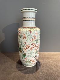 A Chinese famille verte 'dragon and phoenix' rouleau vase, 19/20th C.