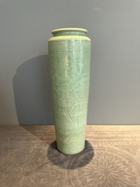 A Chinese Longquan celadon cylindrical vase with incised floral design, Ming