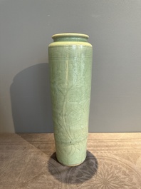 A Chinese Longquan celadon cylindrical vase with incised floral design, Ming