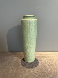 A Chinese Longquan celadon cylindrical vase with incised floral design, Ming