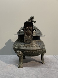 Two Chinese archaistic bronze censers, one with cover, 'ding 鼎', Song/Yuan