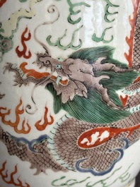 A Chinese famille verte 'dragon and phoenix' rouleau vase, 19/20th C.