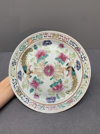 A pair of Chinese famille rose plates and a saucer for the Straits or Peranakan market, 19th C.