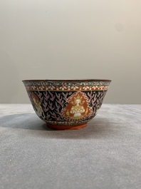 Three Chinese black-ground Bencharong bowls for the Thai market, 19th C.