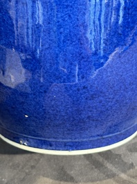 A Chinese monochrome powder blue rouleau vase, 19th C.