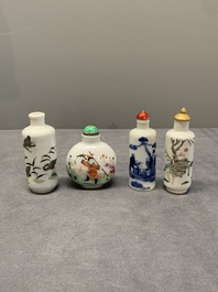 Four Chinese famille rose, verte and blue and white snuff bottles, Qianlong mark, 19/20th C.