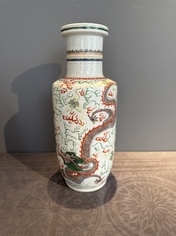A Chinese famille verte 'dragon and phoenix' rouleau vase, 19/20th C.