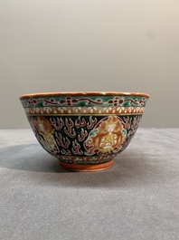 Three Chinese black-ground Bencharong bowls for the Thai market, 19th C.