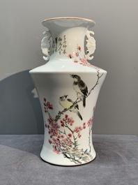 A Chinese famille rose vase, Qianlong and Shinian 世寧 mark, 20th C., and a qianjiang cai vase, signed Ren Huanzhang 任煥章, dated 1942