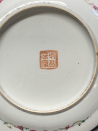A pair of Chinese famille rose plates and a saucer for the Straits or Peranakan market, 19th C.