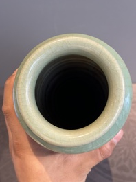 A Chinese Longquan celadon cylindrical vase with incised floral design, Ming