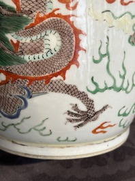 A Chinese famille verte 'dragon and phoenix' rouleau vase, 19/20th C.