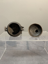 Two Chinese archaistic miniature bronze censers, one with cover, 'ding 鼎', Song