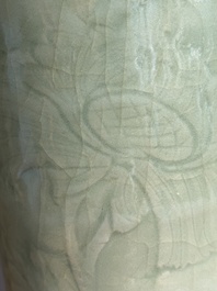 A Chinese Longquan celadon cylindrical vase with incised floral design, Ming