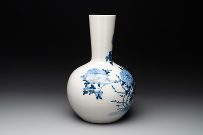 A Chinese blue and white 'tianqiuping' 'peony' vase, Qianlong mark, Republic