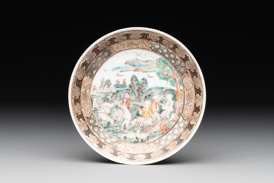 A fine Chinese famille rose 'apple pickers' cup and saucer, Yongzheng