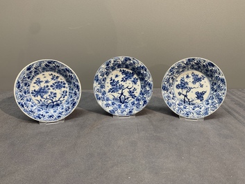 Six Chinese blue and white cups and saucers with floral design, Kangxi
