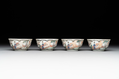 Six Chinese Canton famille rose 'mandarin subject' cups and seven saucers, Yongzheng/Qianlong