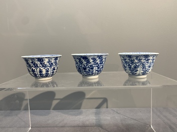 Six Chinese blue and white cups and saucers with floral design, Kangxi