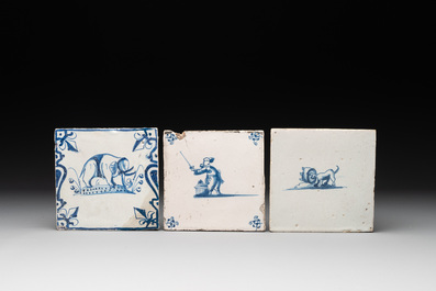 Seven blue, white and polychrome Dutch Delft tiles, 17th C.