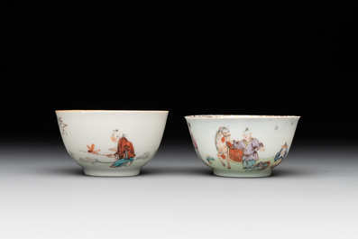 Six Chinese Canton famille rose 'mandarin subject' cups and seven saucers, Yongzheng/Qianlong