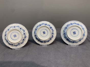 Six Chinese blue and white cups and saucers with floral design, Kangxi