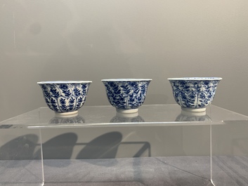 Six Chinese blue and white cups and saucers with floral design, Kangxi
