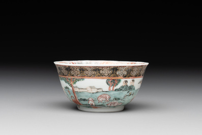 A fine Chinese famille rose 'apple pickers' cup and saucer, Yongzheng