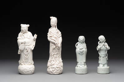 A pair of Chinese white-glazed figures and two Dehua blanc de Chine figures, 18th C. and Republic