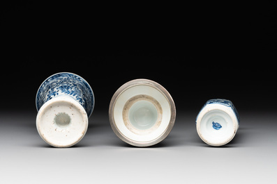 A Chinese blue and white goblet, a salt and a vase, Kangxi
