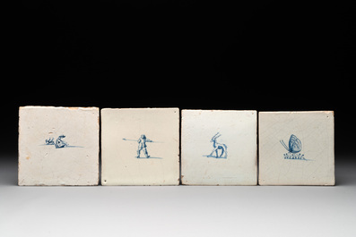 Twelve blue and white Dutch Delft tiles without corner motifs, 17th C.