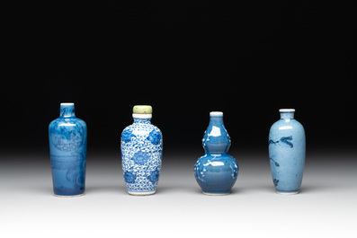 Three Chinese powder blue-ground blue and white snuff bottles and one blue and white snuff bottle, 19th C.