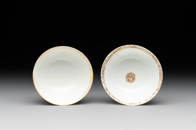Six Chinese Canton famille rose 'mandarin subject' cups and seven saucers, Yongzheng/Qianlong