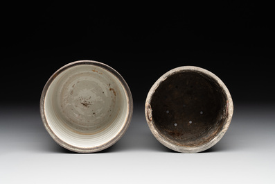 A Chinese silver mounted incised white-glazed 'lotus scroll' brush pot, Kangxi