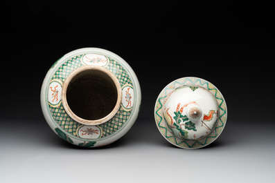 A pair of famille verte-style 'warriors on horseback' vases and covers, Samson, Paris, 19th C.