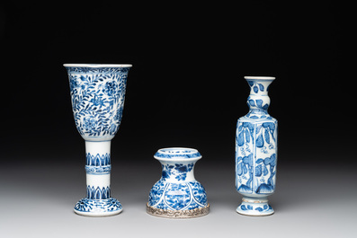 A Chinese blue and white goblet, a salt and a vase, Kangxi