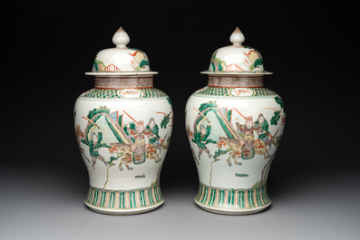 A pair of famille verte-style 'warriors on horseback' vases and covers, Samson, Paris, 19th C.
