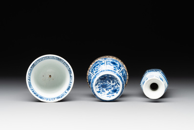 A Chinese blue and white goblet, a salt and a vase, Kangxi