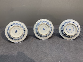 Six Chinese blue and white cups and saucers with floral design, Kangxi