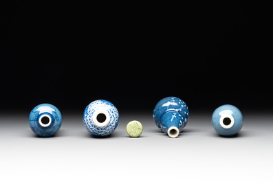 Three Chinese powder blue-ground blue and white snuff bottles and one blue and white snuff bottle, 19th C.