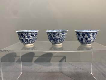 Six Chinese blue and white cups and saucers with floral design, Kangxi