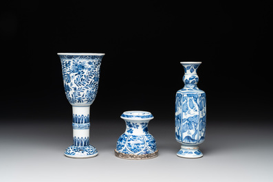 A Chinese blue and white goblet, a salt and a vase, Kangxi