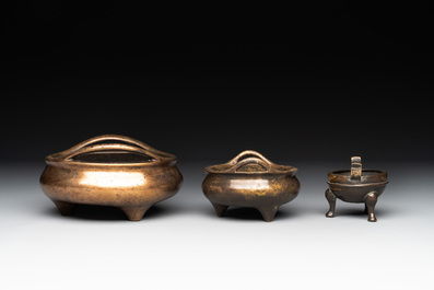 Three Chinese bronze censers, Xuande mark, Ming/Qing