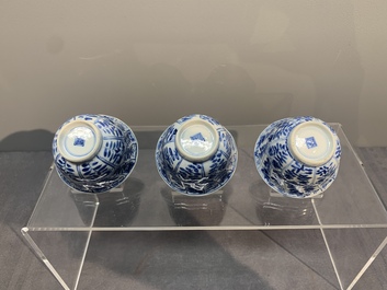 Six Chinese blue and white cups and saucers with floral design, Kangxi