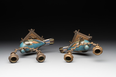 A pair of Chinese cloisonn&eacute; pigeons mounted as candelabras, 19th C.