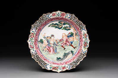 A Chinese Canton enamel 'foreigners' bowl and cover and a 'erotical subject' plate, Yongzheng/Qianlong