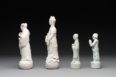 A pair of Chinese white-glazed figures and two Dehua blanc de Chine figures, 18th C. and Republic