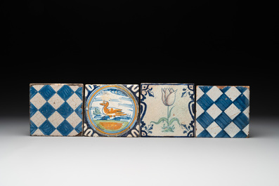 Seven blue, white and polychrome Dutch Delft tiles, 17th C.