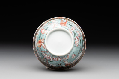 A fine Chinese famille rose 'apple pickers' cup and saucer, Yongzheng