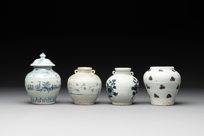 Five Chinese blue and white jarlets and three russet-splashed Longquan celadon jarlets, Yuan/Ming